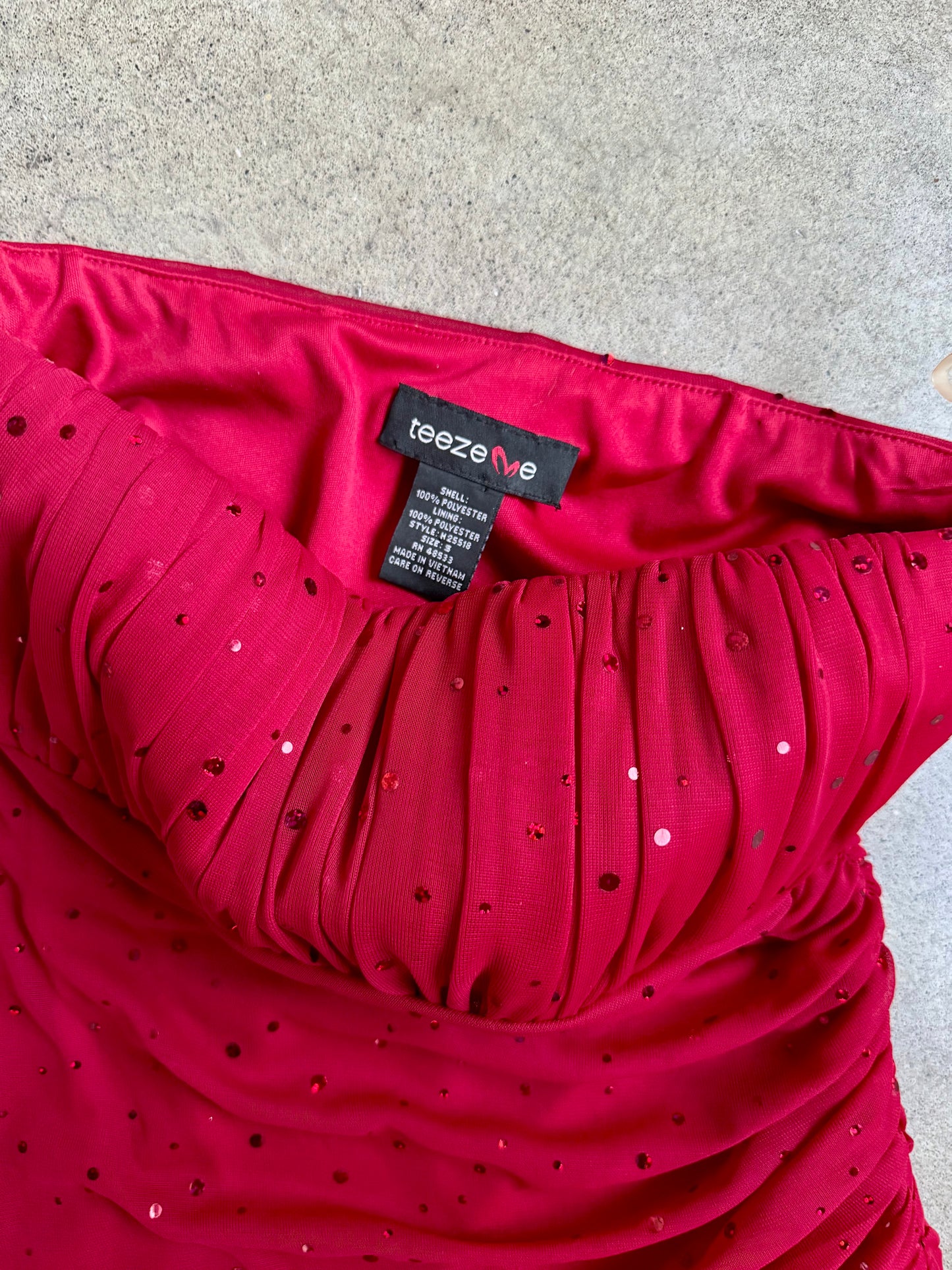 2000s Teeze Me Red Sequin Strapless Ruched Asymmetrical Dress | Small