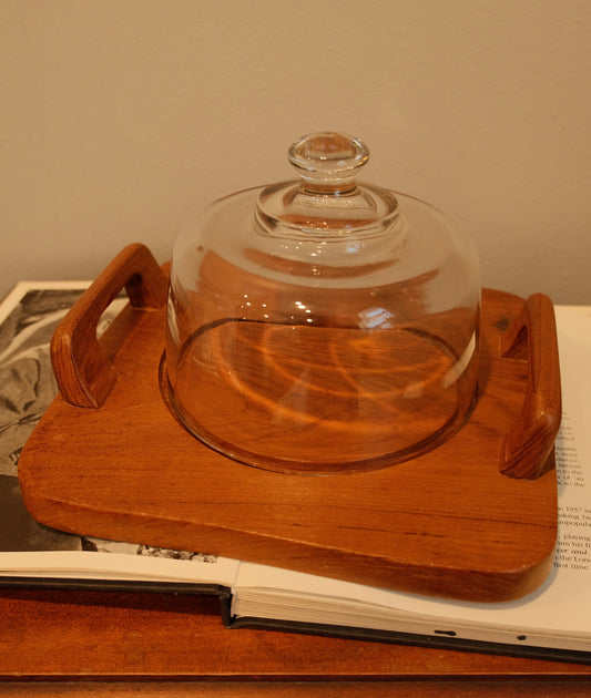 Vintage Danish Teakwood Cheese Board & Glass Dome