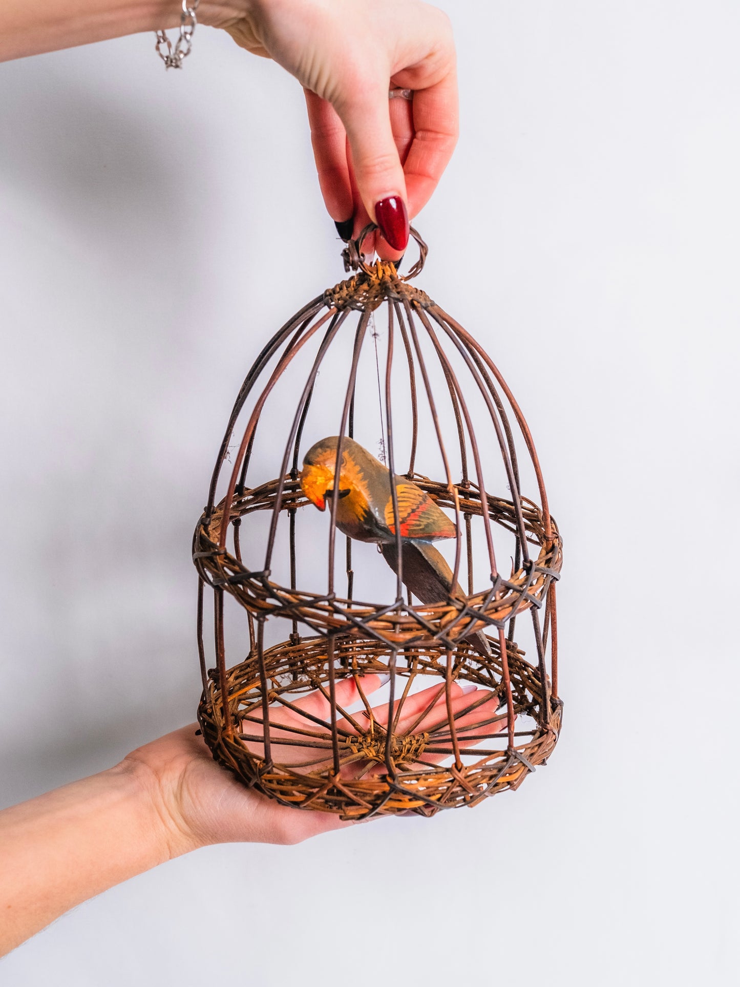 Vintage 1930s/40s Hanging Bird Cage w/ Wooden Bird