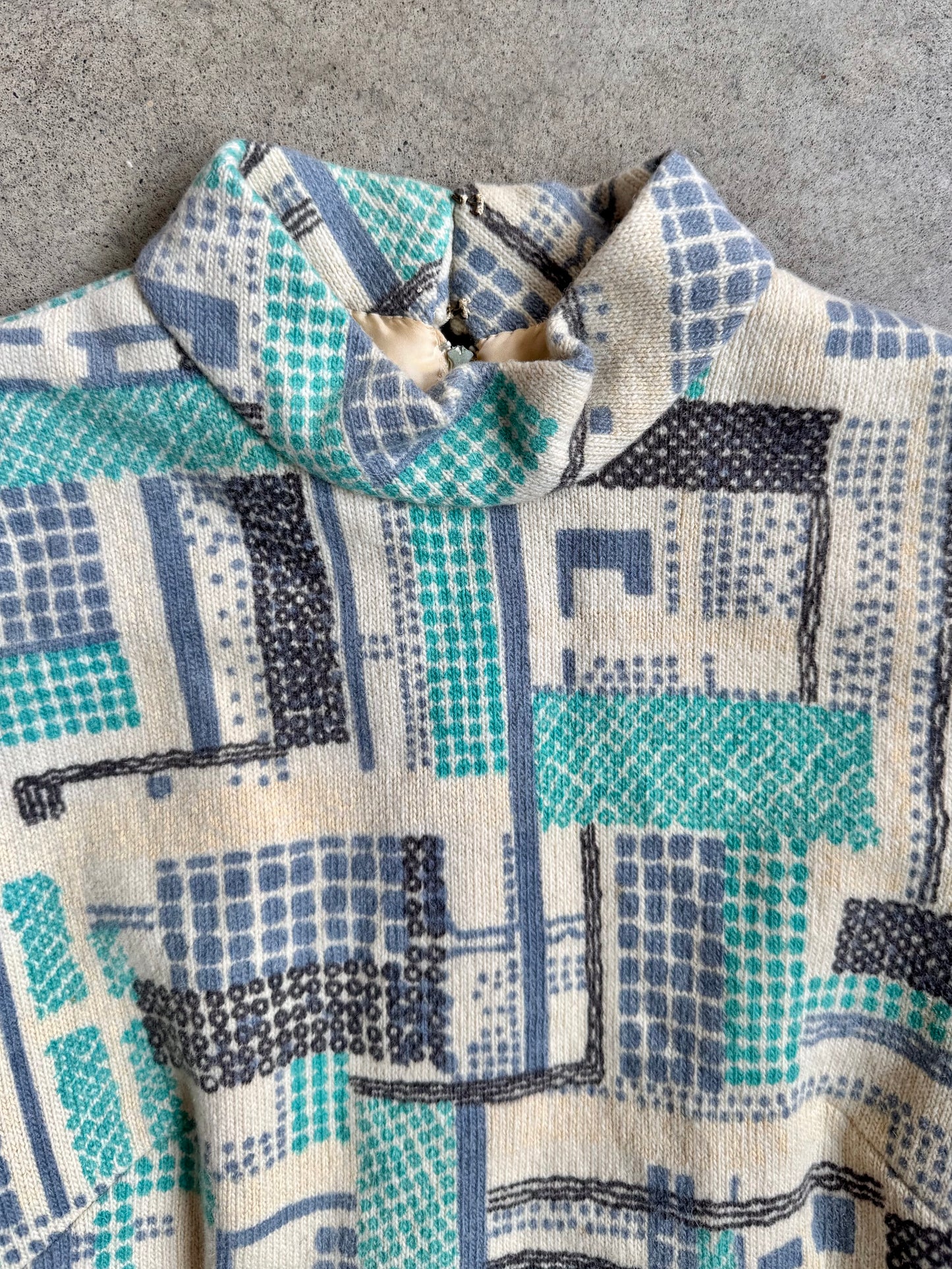 Vintage 1960s Mod Geometric Pattern High-Neck Long Sleeve Wool Dress | Medium