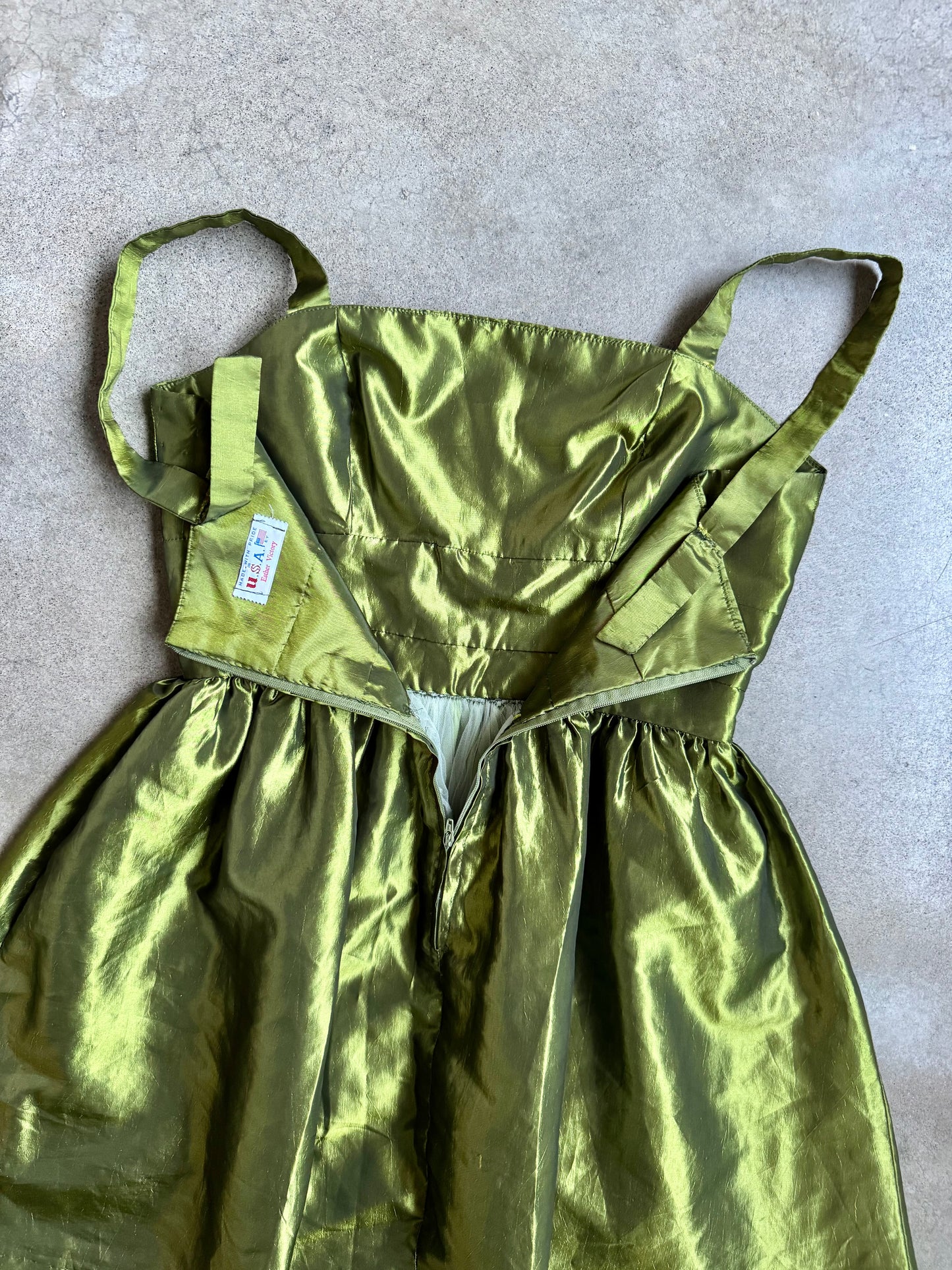 Vintage 1960s Handmade Green Taffeta Mini Party Dress | Medium