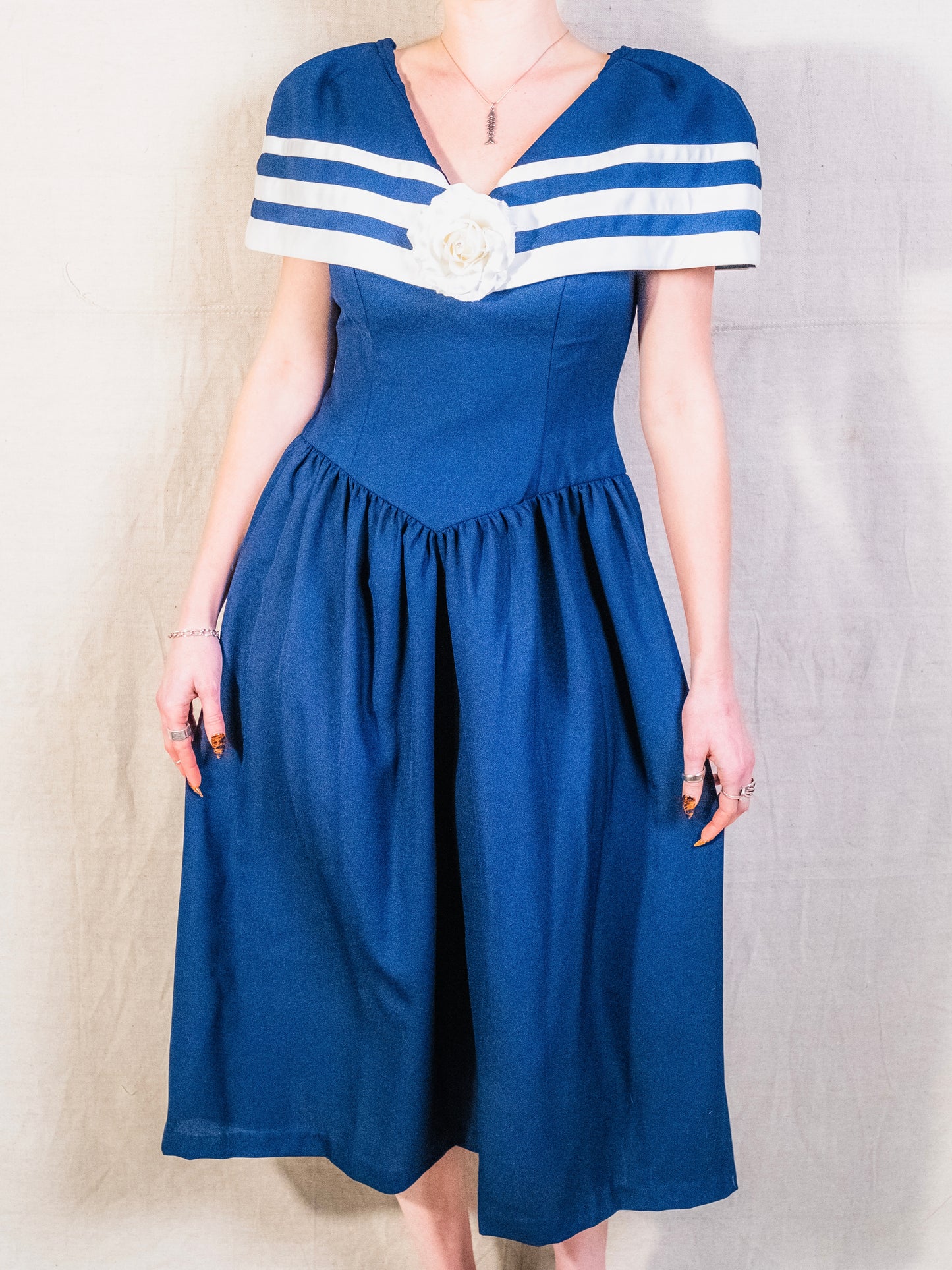 Vintage 1980s Navy Blue Tea-Length Sailor Dress | Medium