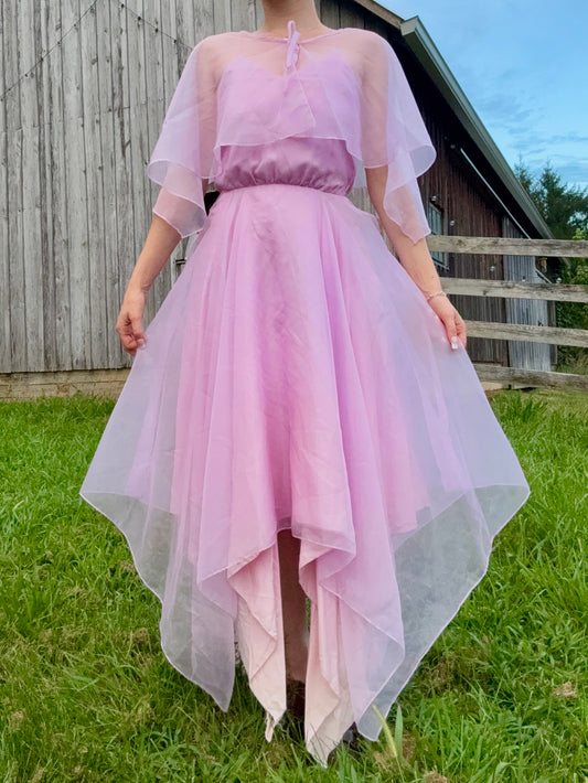 Vintage 1960s Billy Jack Mauve Chiffon Fairy-Style Dress w/ Cape | XS