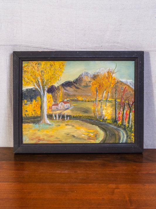 Vintage Framed Folk Art Rustic Farm Landscape Oil on Canvas Painting | Signed