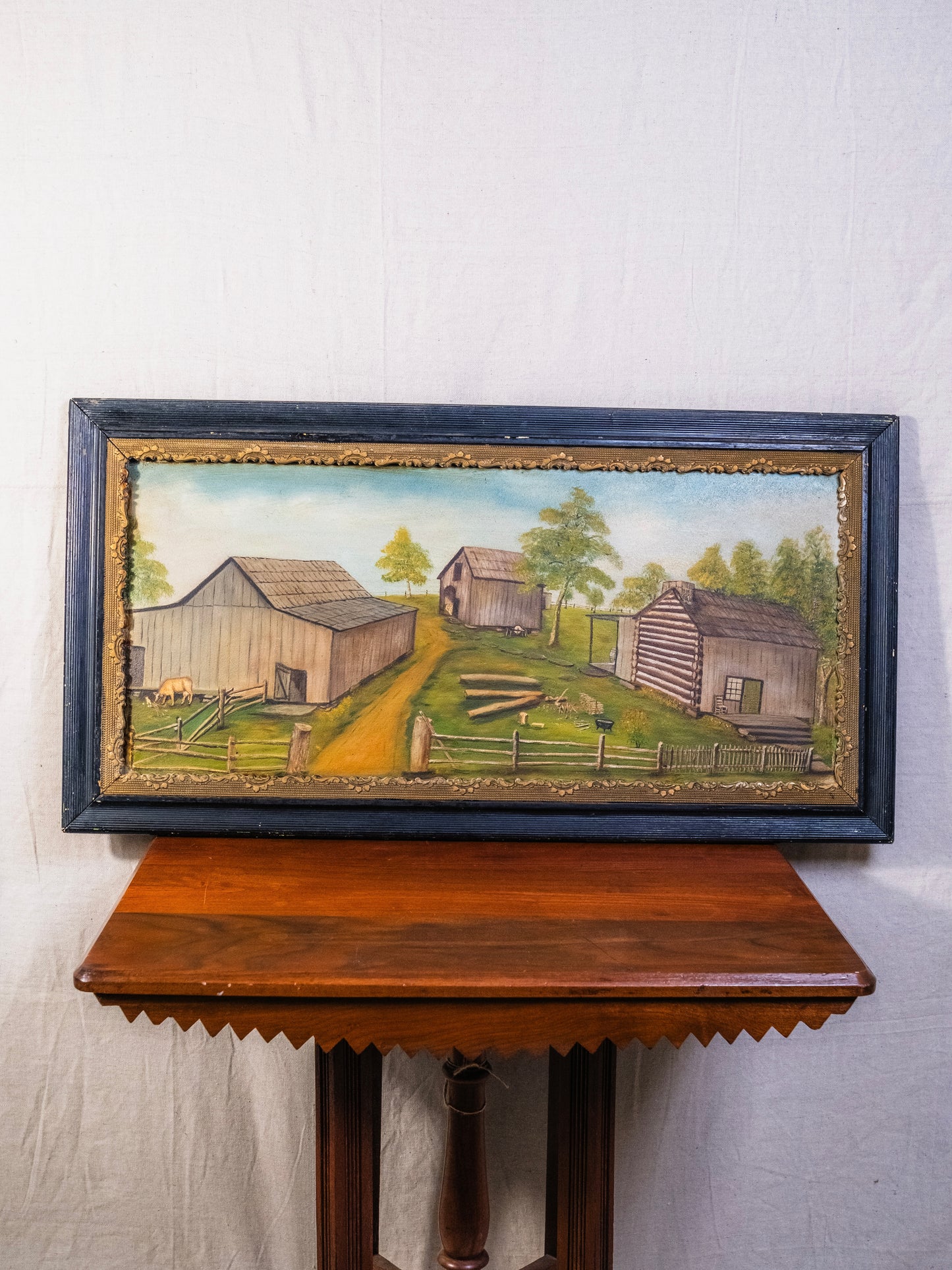 Vintage 1940s Framed Rustic Folk Art Farm Landscape Oil on Board Painting