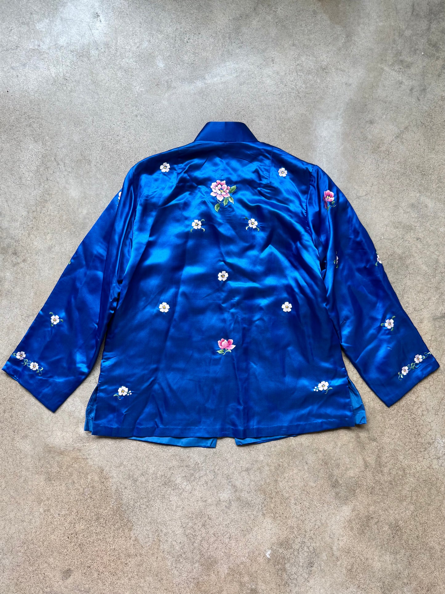 Vintage 1960s Red Clouds Hand-Embroidered Floral Silk-Blend Chinese Tang Jacket | 40