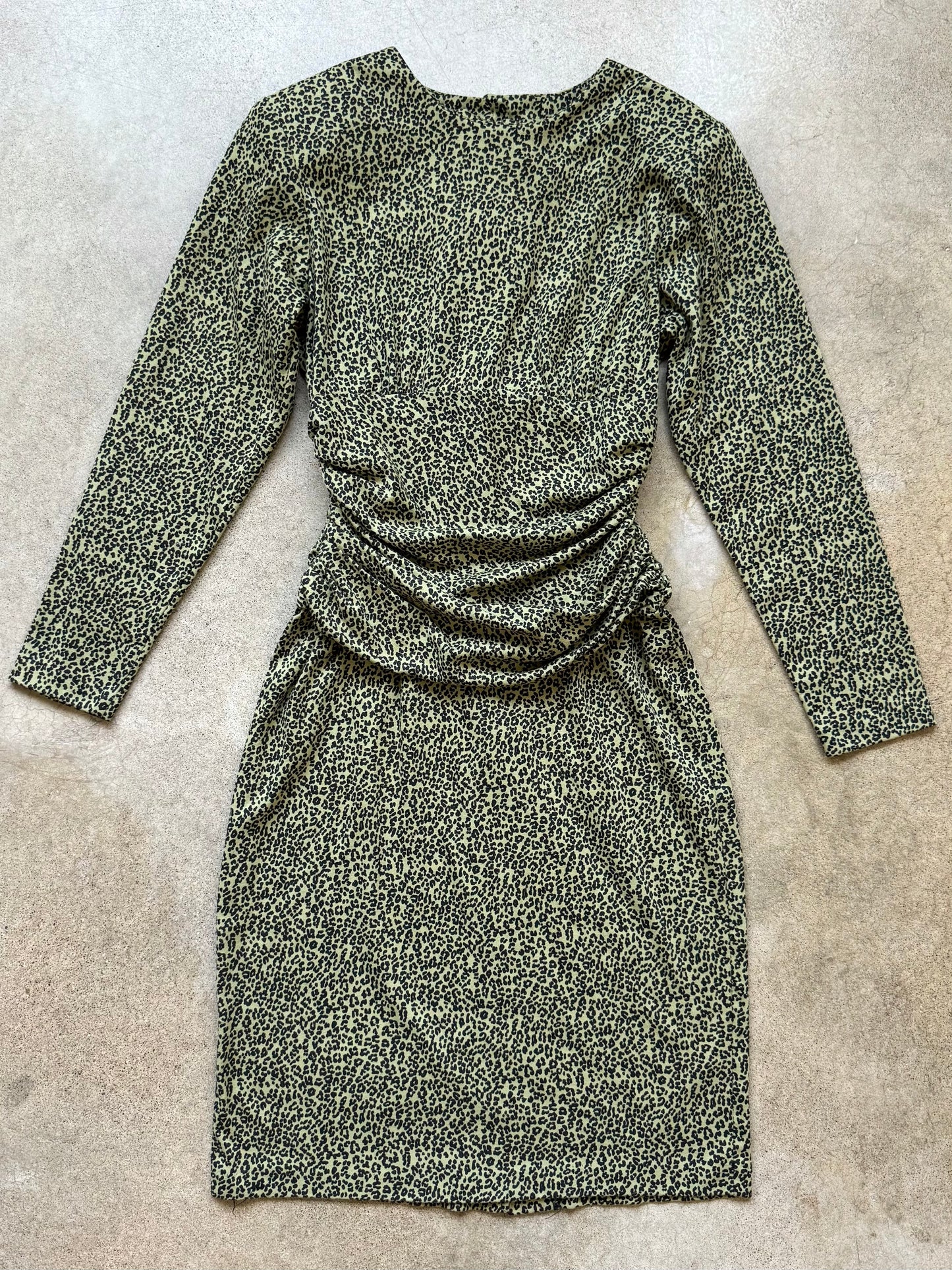 Vintage 1980s Green Leopard Print Long Sleeve Fitted Dress | Small