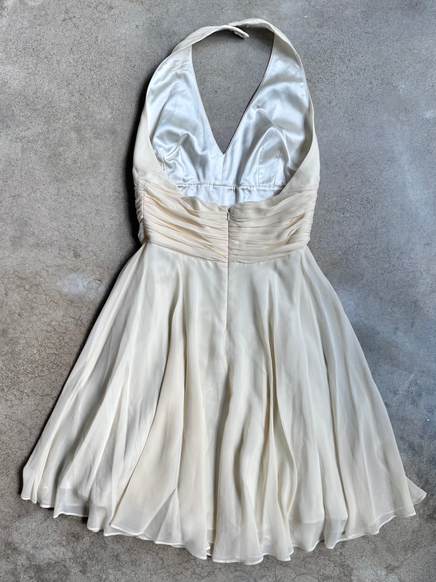 Vintage 2000s Issue Cream Silk Chiffon Halter Dress | Small