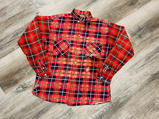 Vintage 1960s Distressed Red Plaid Button Down Shirt | Large