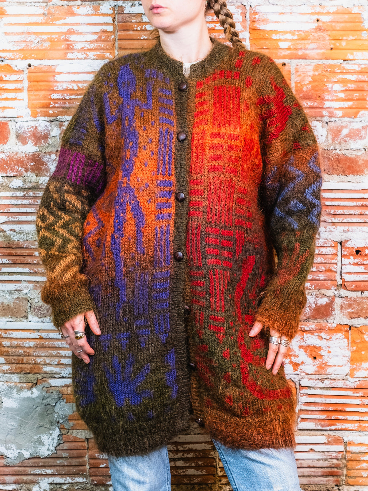 Vintage Constance Davis Geometric Multi-Pattern Mohair Cardigan | Large