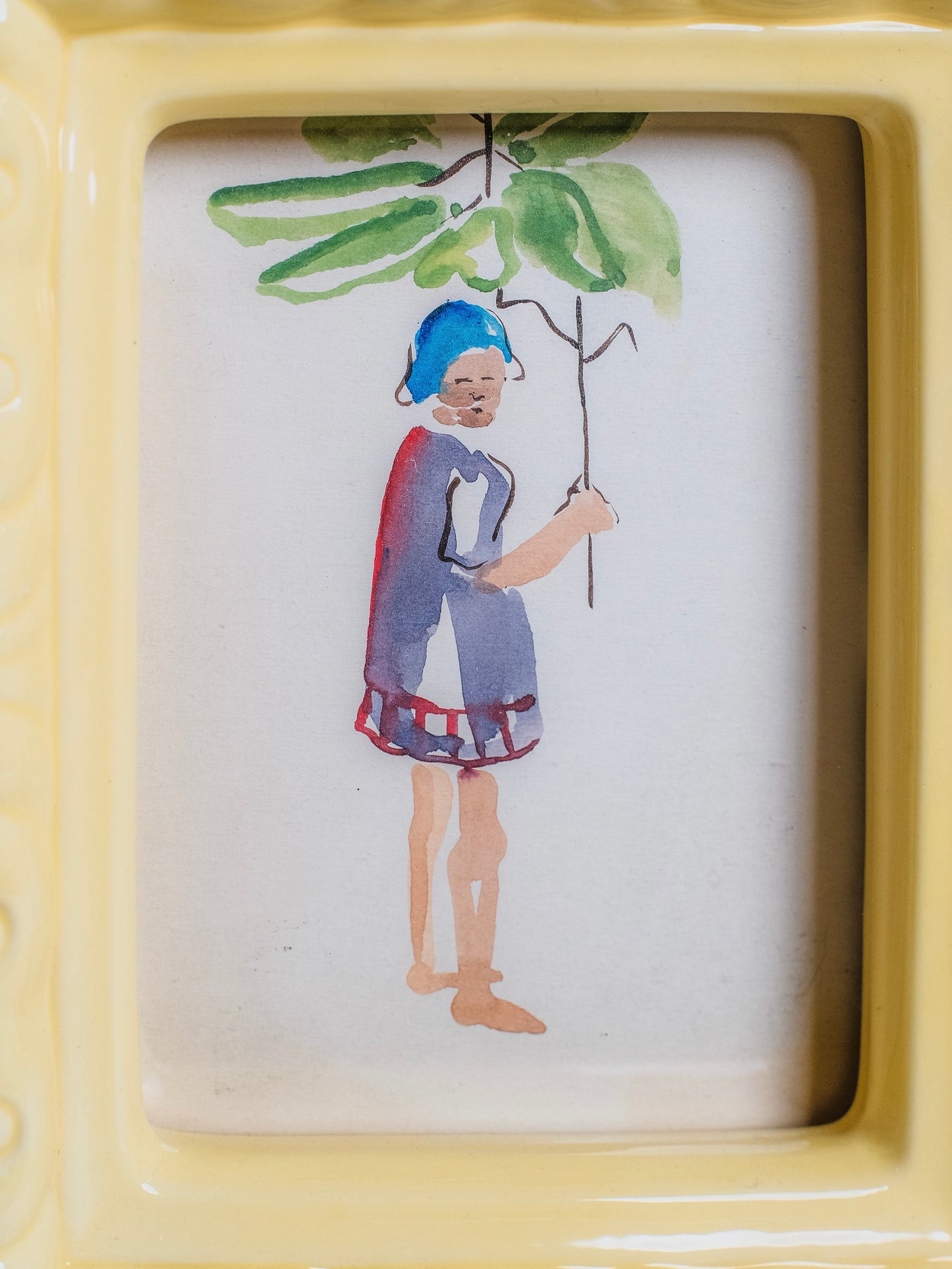 Vintage 1950s Ceramic Framed "Man Holding Branch" Original Watercolor Artwork