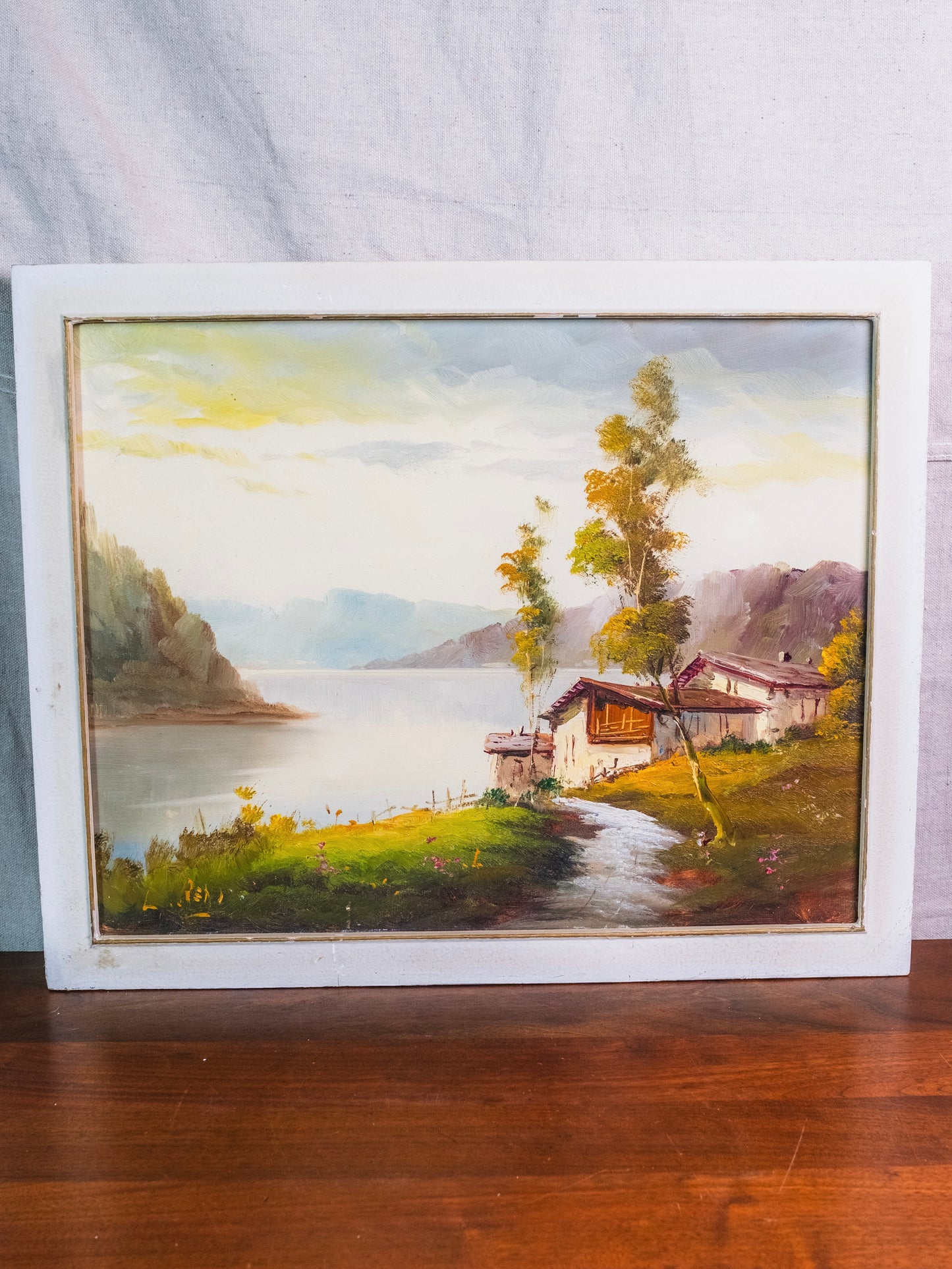 Vintage Framed "House on the Lake" Oil on Canvas Painting | Signed