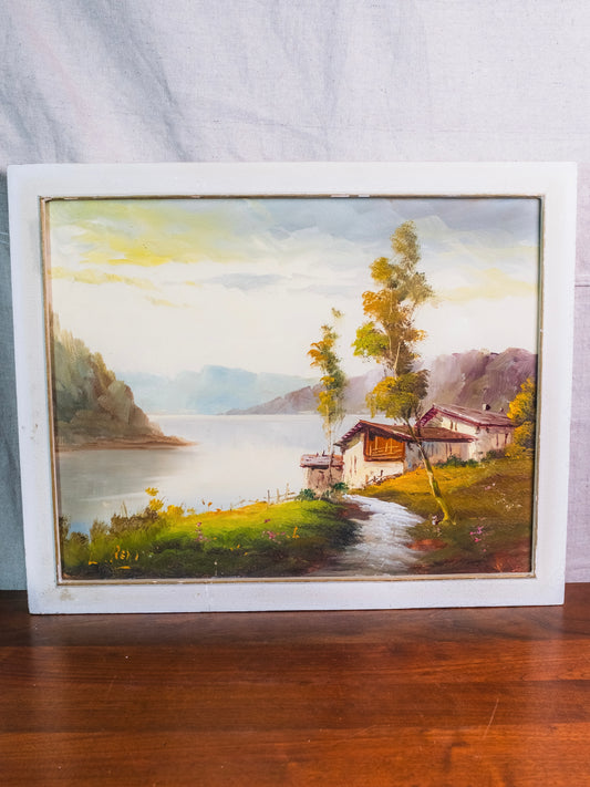 Vintage Framed "House on the Lake" Oil on Canvas Painting | Signed