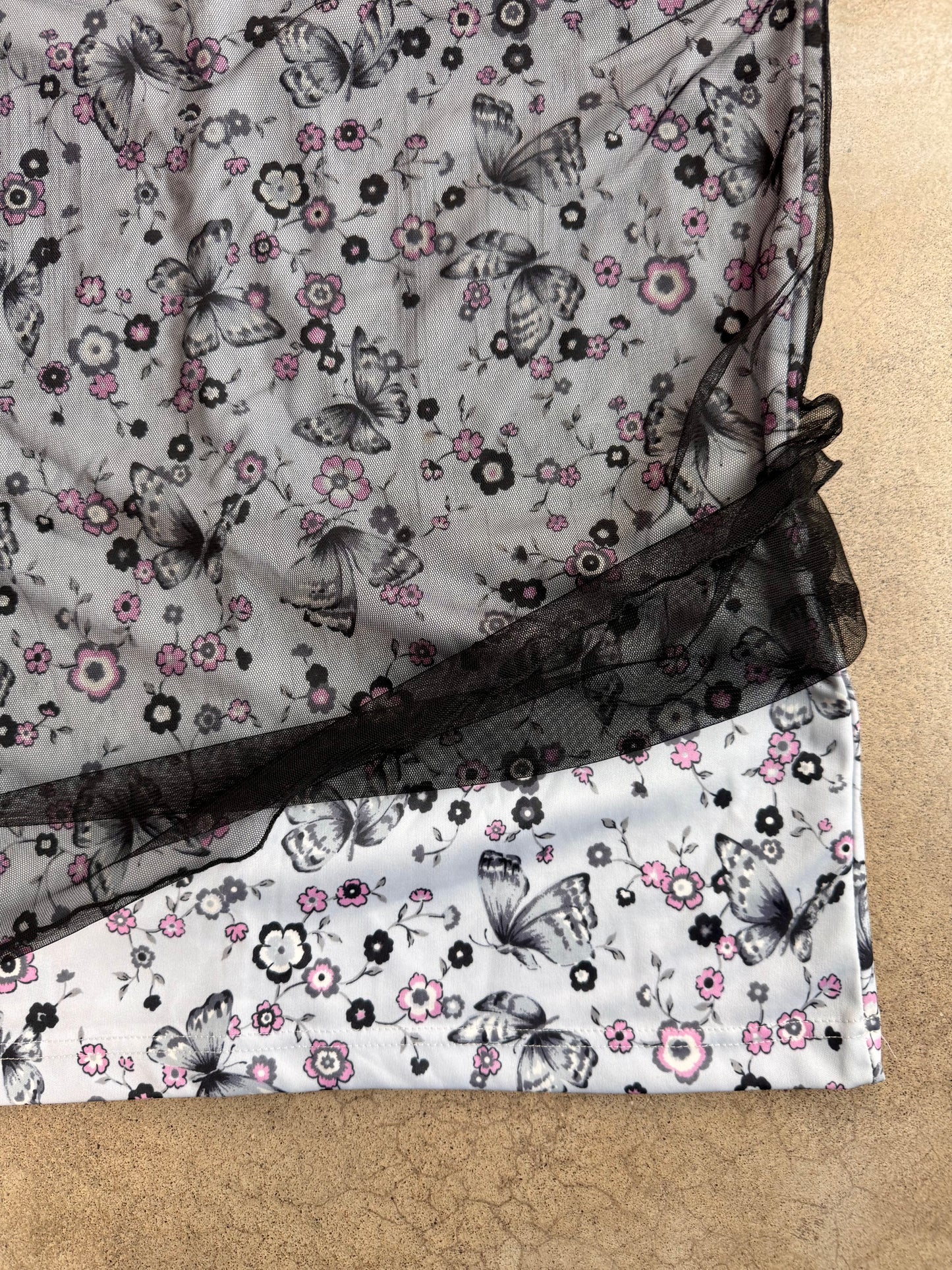 Vintage 1990s Red Alert Black Mesh Overlay Butterfly Print Maxi Skirt | Medium