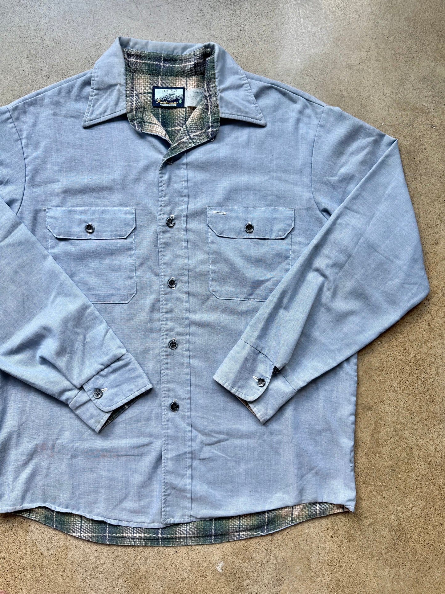 Vintage 1970s/80s Fieldmaster Flannel Lined Blue Utility Work Shirt | Large