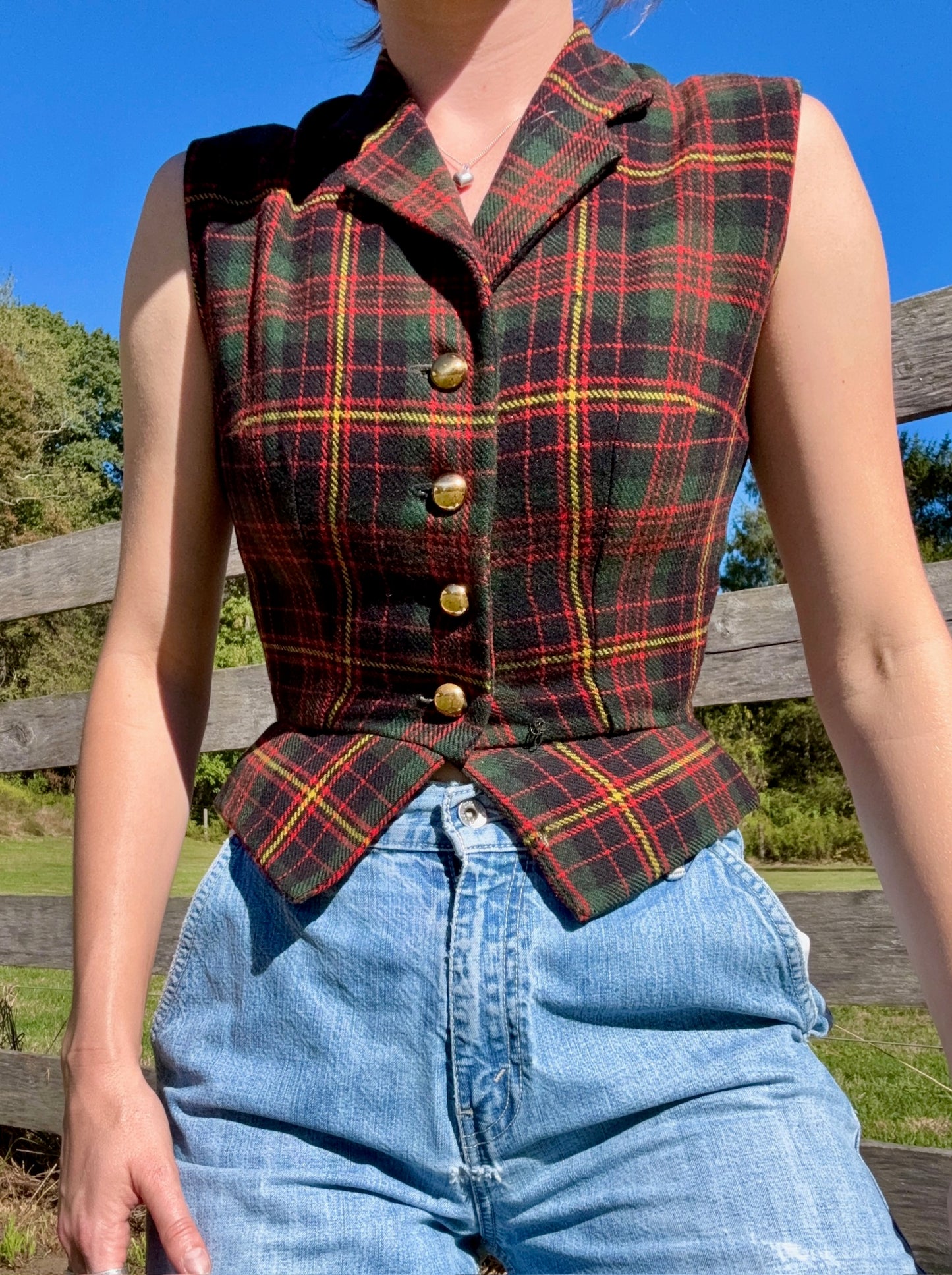 Vintage 1980s Tartan Plaid Buttoned Vest Top | XS