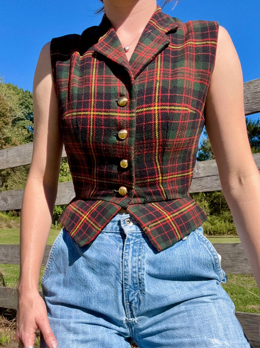Vintage 1980s Tartan Plaid Buttoned Vest Top | XS