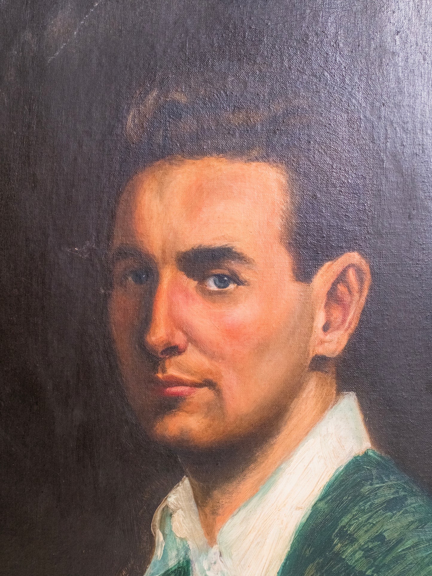Vintage 1940s Framed "Man in Green" Oil on Canvas Painting