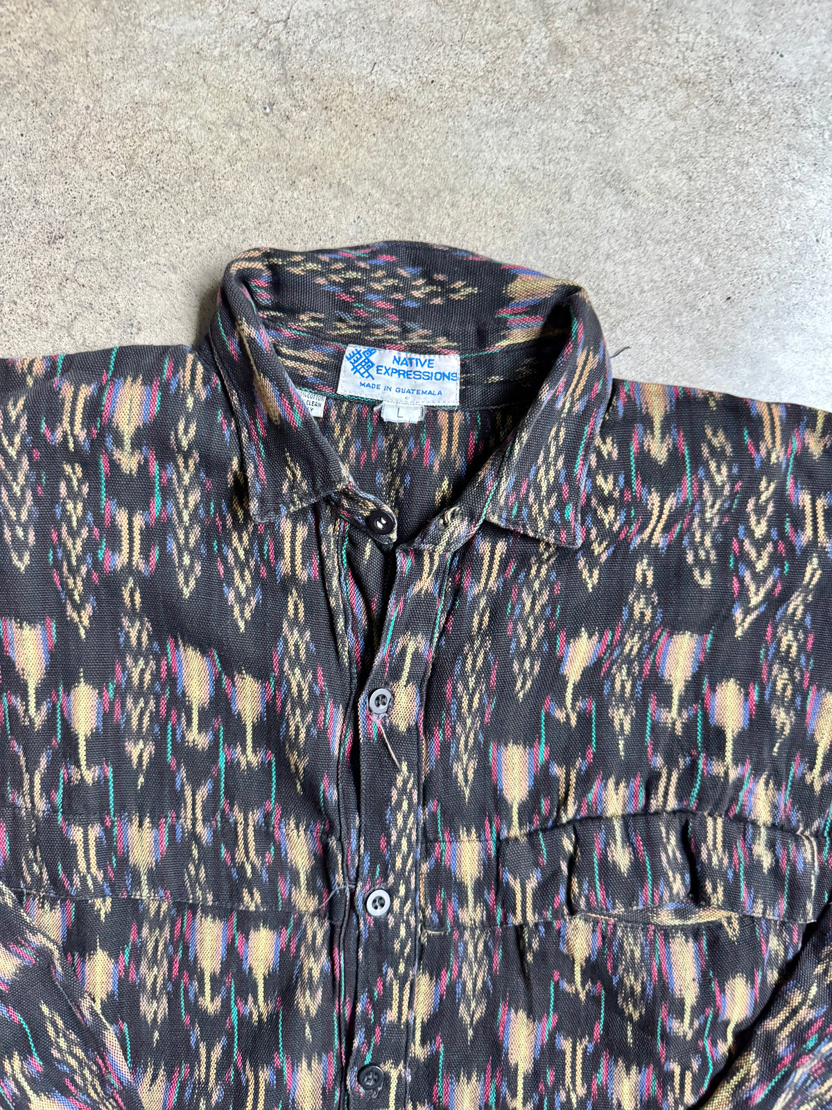 Vintage 1980s/90s Native Expressions Guatemalan Cotton Ikat Woven Shirt | Large