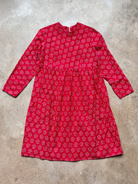 Vintage 1960s Red Floral Print Cotton Long Sleeve Babydoll Dress | Medium
