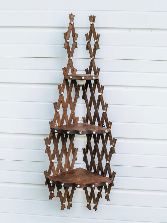 Antique Victorian Tramp Art Lattice 3-Tier Corner Shelf