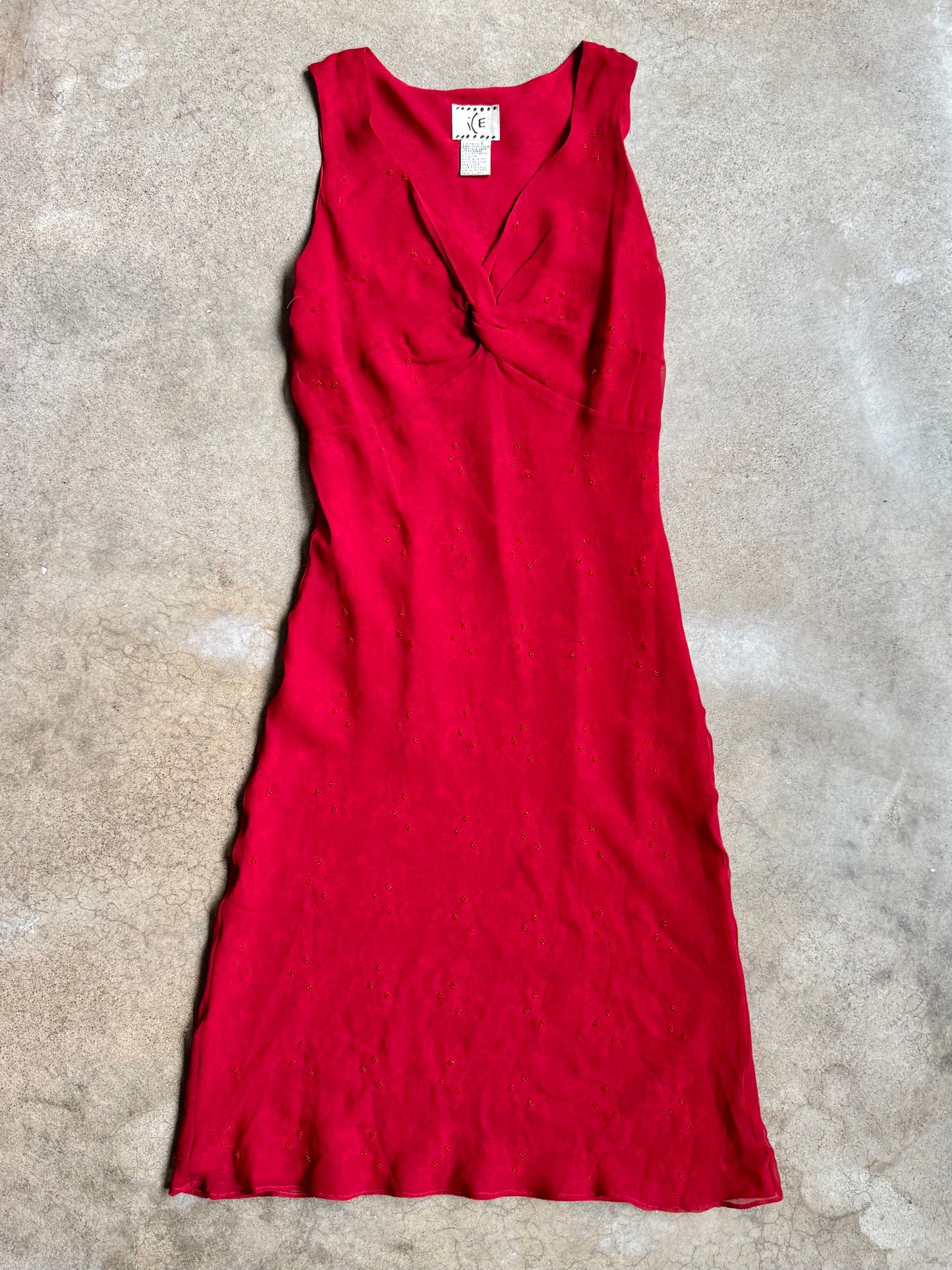 Vintage 1990s Ice Red Beaded Silk V-Neck Midi Dress | Small