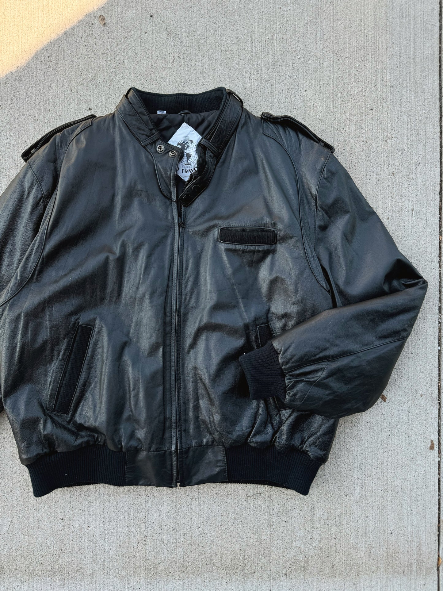 Vintage 1980s World Travel Club Black Leather Bomber Jacket