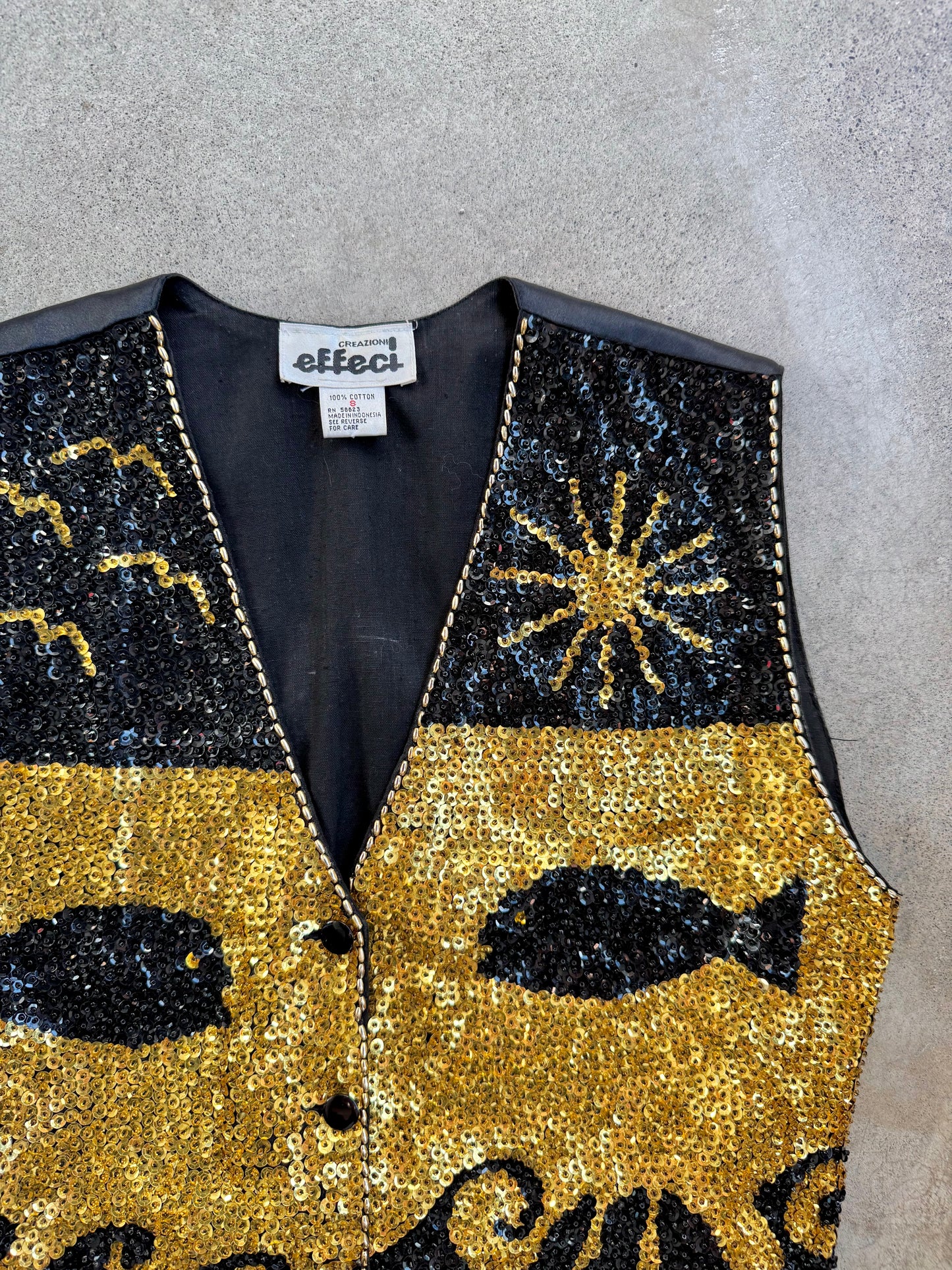 Vintage 1980s Creazioni Effeci Black & Gold Sequin Fish Vest | Small