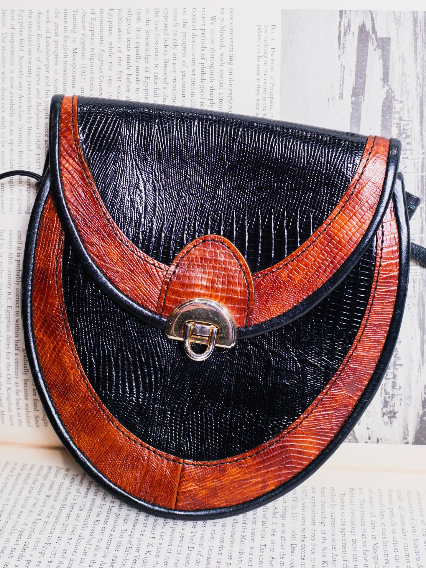 Vintage 1980s Black & Brown Embossed Leather Teardrop Crossbody Bag