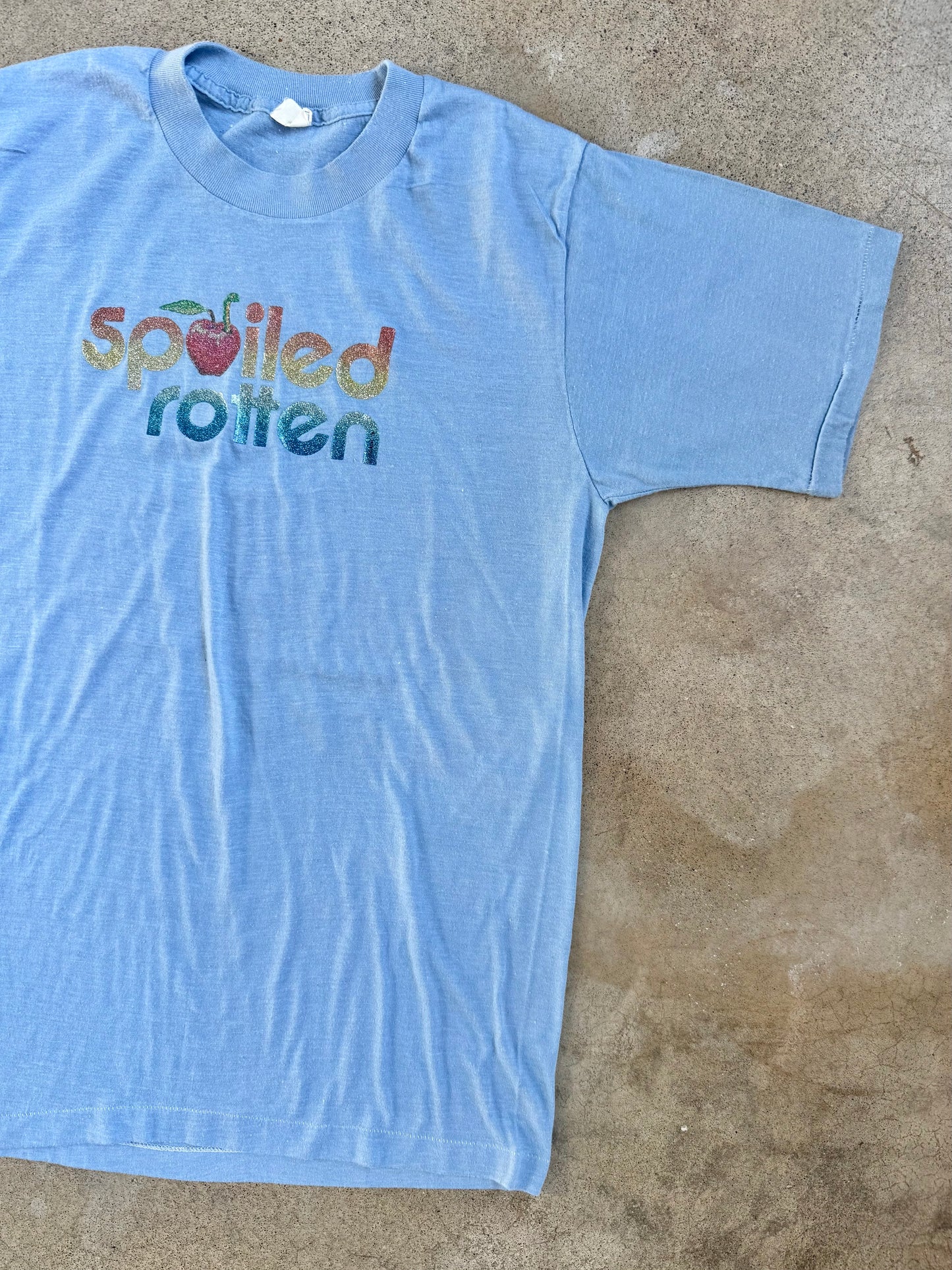 Vintage 1970s Blue “Spoiled Rotten” Rainbow Sparkle Graphic Tee | Medium