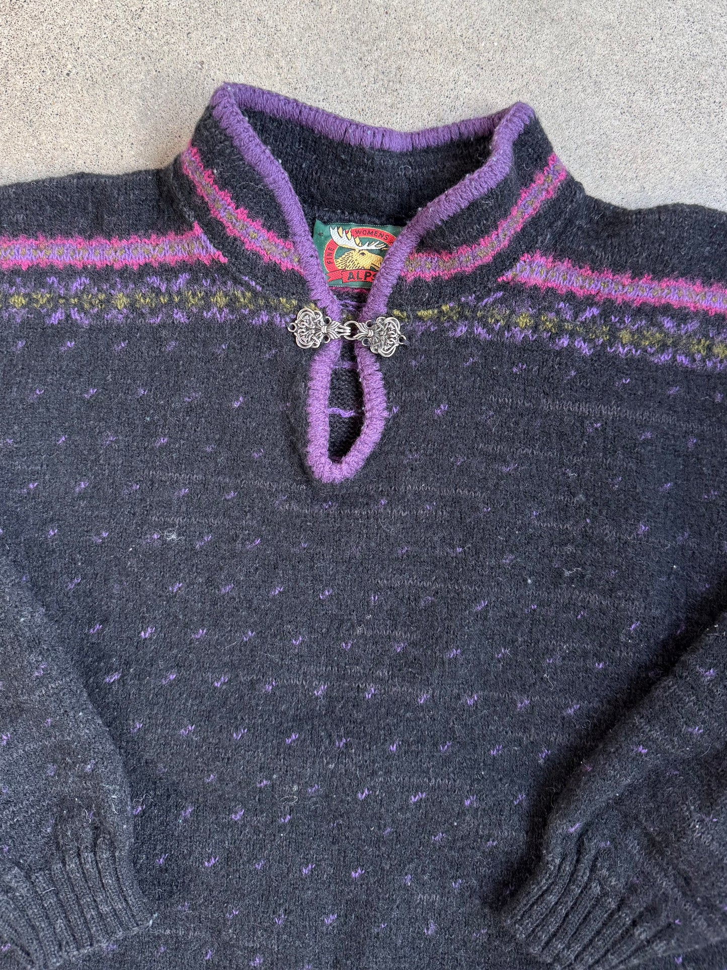 Vintage 1980s Alps Nordic-Style Black & Purple Speckled Wool Sweater | Large