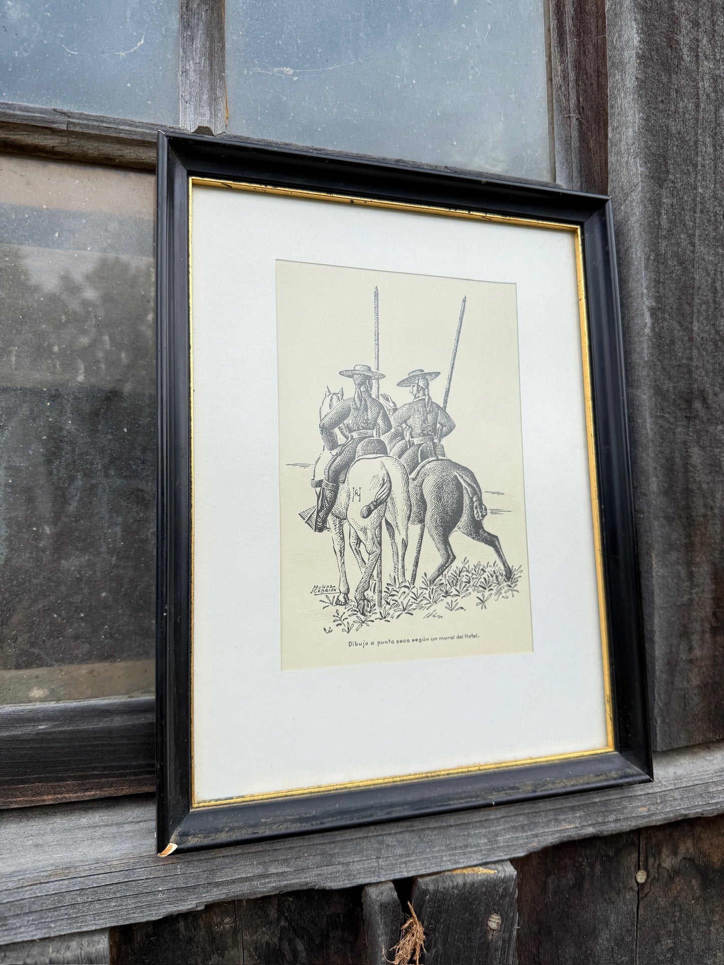 Vintage 1960s Framed Mexico Muñoz Cebrian “Men On Horses” Print Artwork