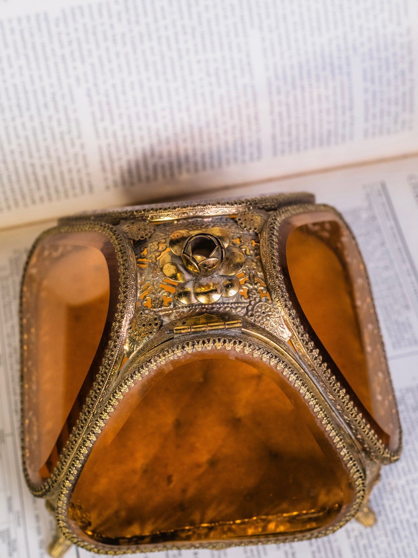 Antique French Ormolu Gold Filigree & Amber Glass Pyramid Box