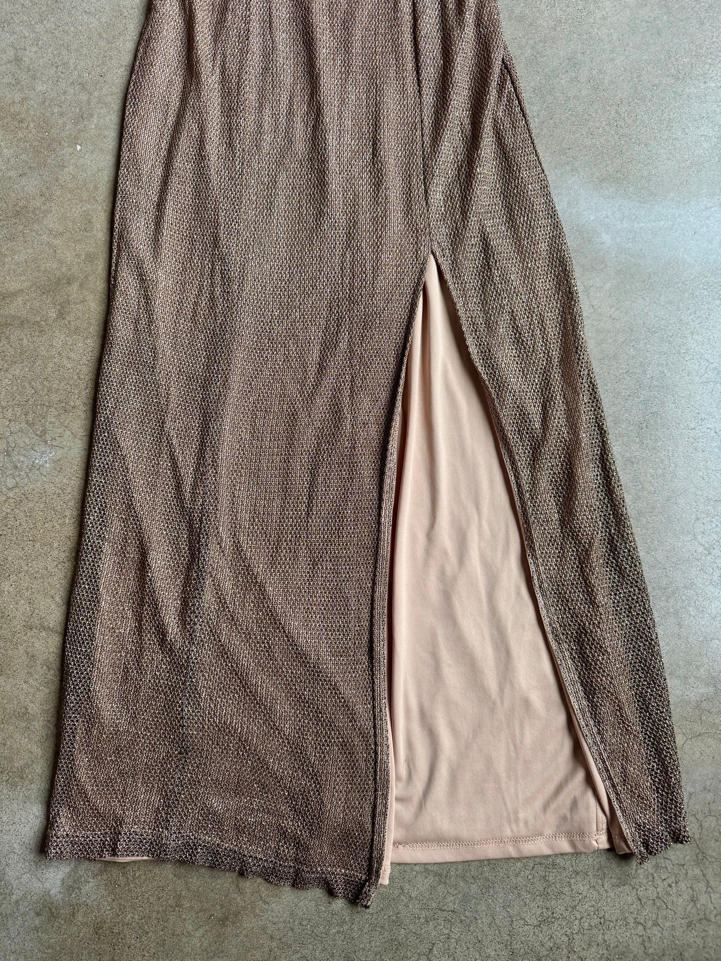 Vintage 1990s Onyx Nite Gold Metallic Side Slit Evening Gown | M/L