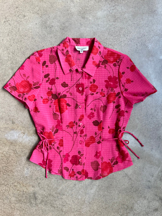 Vintage 1990s Miss Dorby Pink Floral Tie-Waist Blouse | Medium