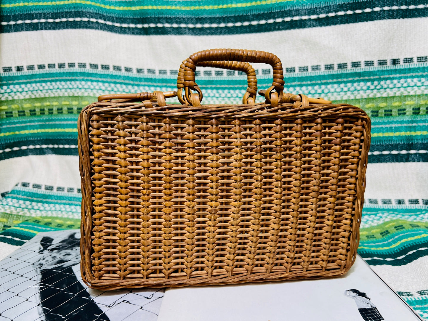 Vintage 1950s Wicker Picnic Basket Handbag