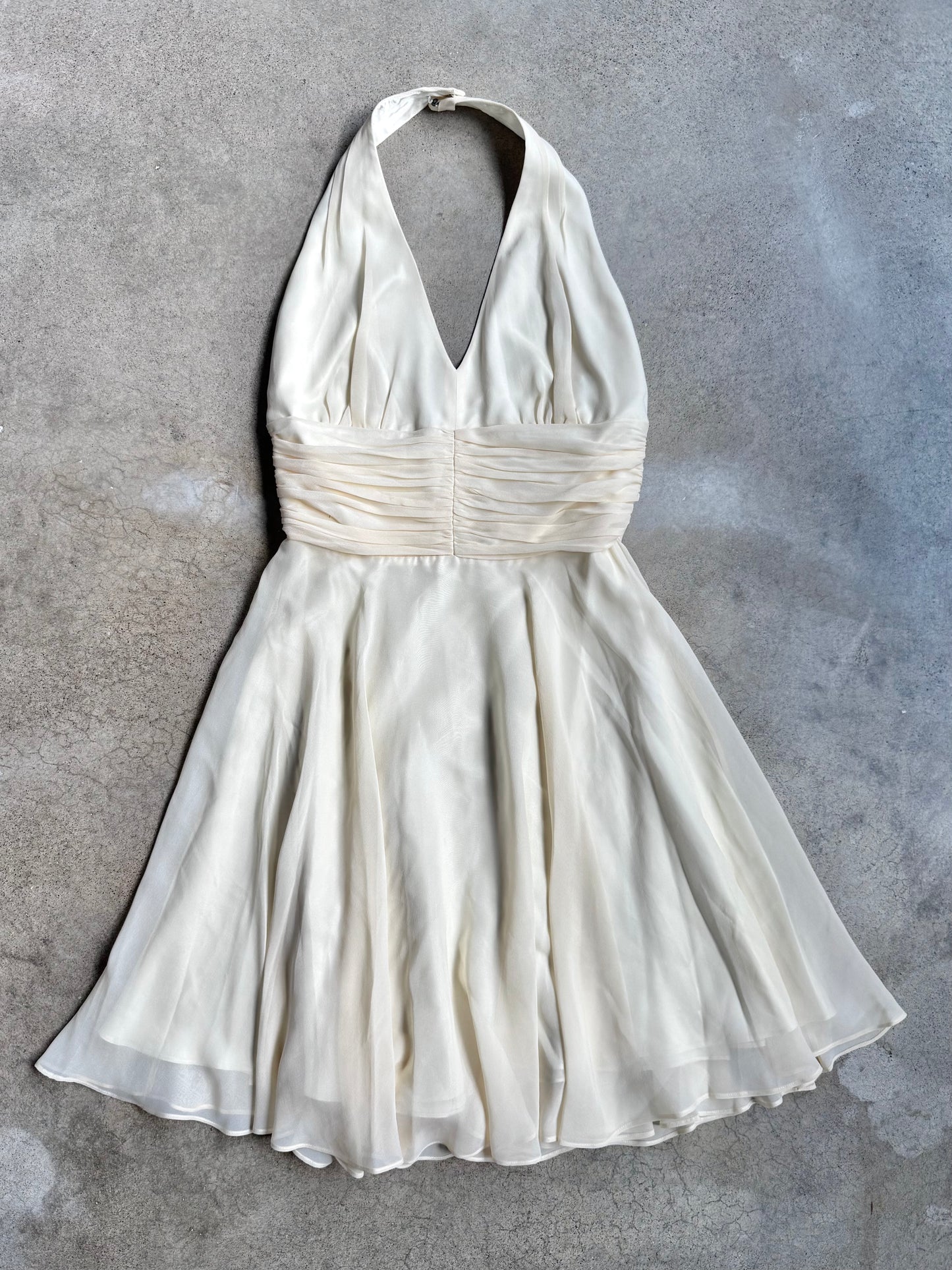 Vintage 2000s Issue Cream Silk Chiffon Halter Dress | Small