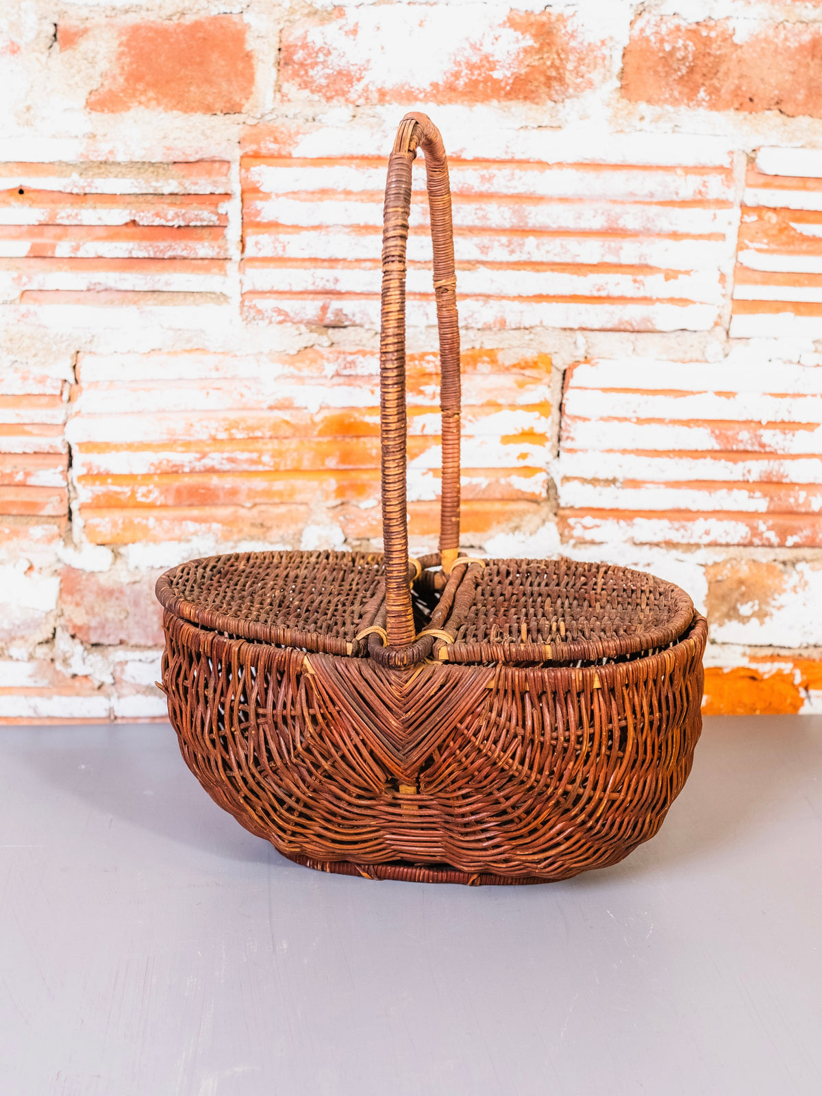 Antique Double-Lidded Wicker Basket w/ Handle