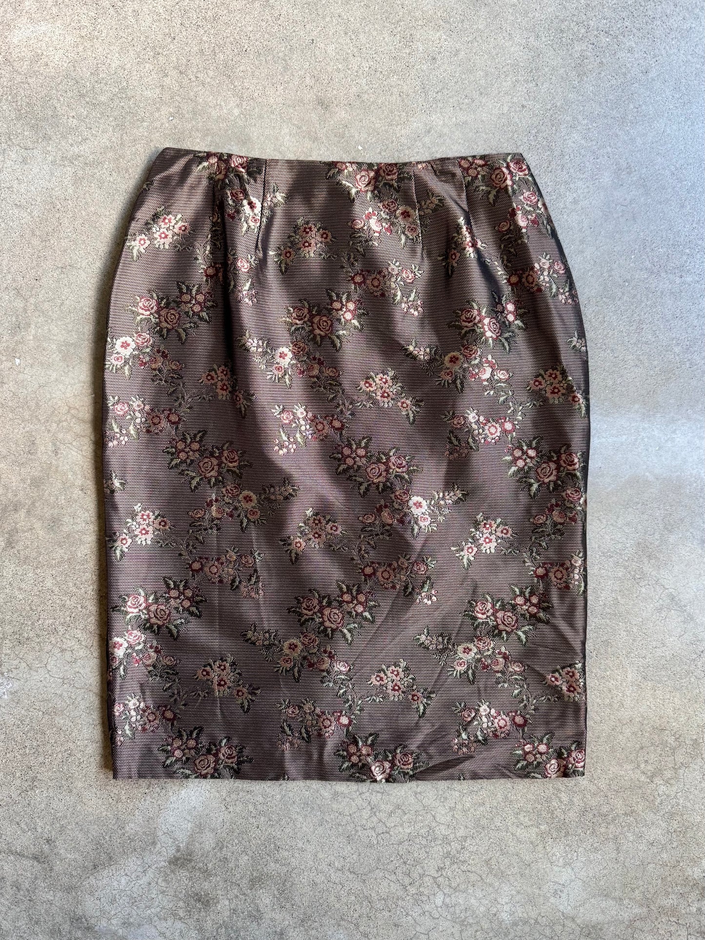 Vintage Doncaster 100% Silk Brown Floral Pencil Skirt | Waist 29”