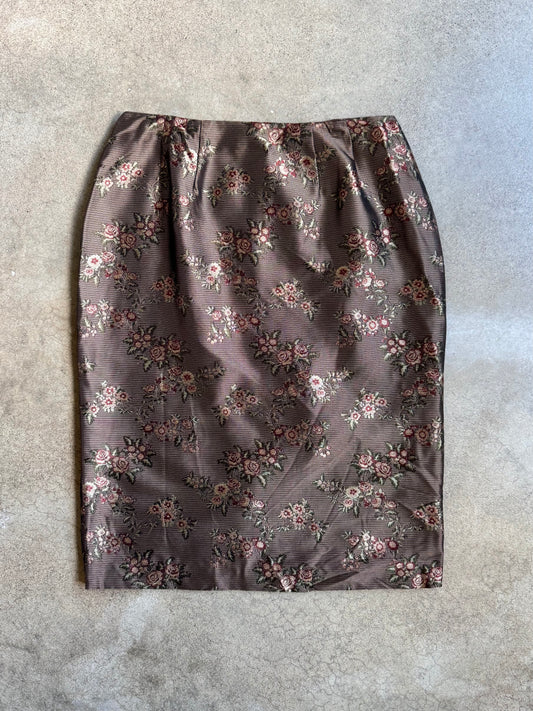 Vintage Doncaster 100% Silk Brown Floral Pencil Skirt | Waist 29”