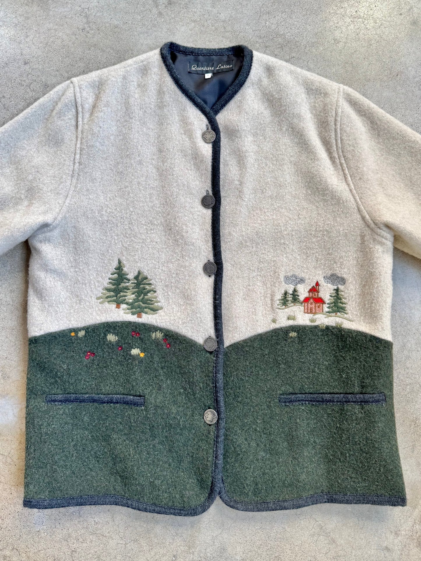 Vintage 1990s Quartiere Latino Austrian "Woodland Town" Embroidered Wool Jacket | Small