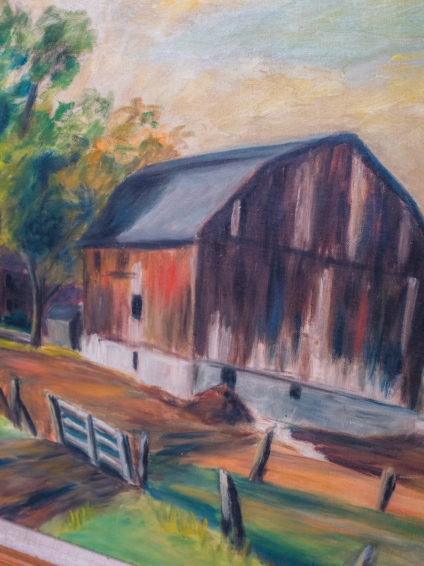 Framed & Signed Rural Farm Landscape Oil Painting