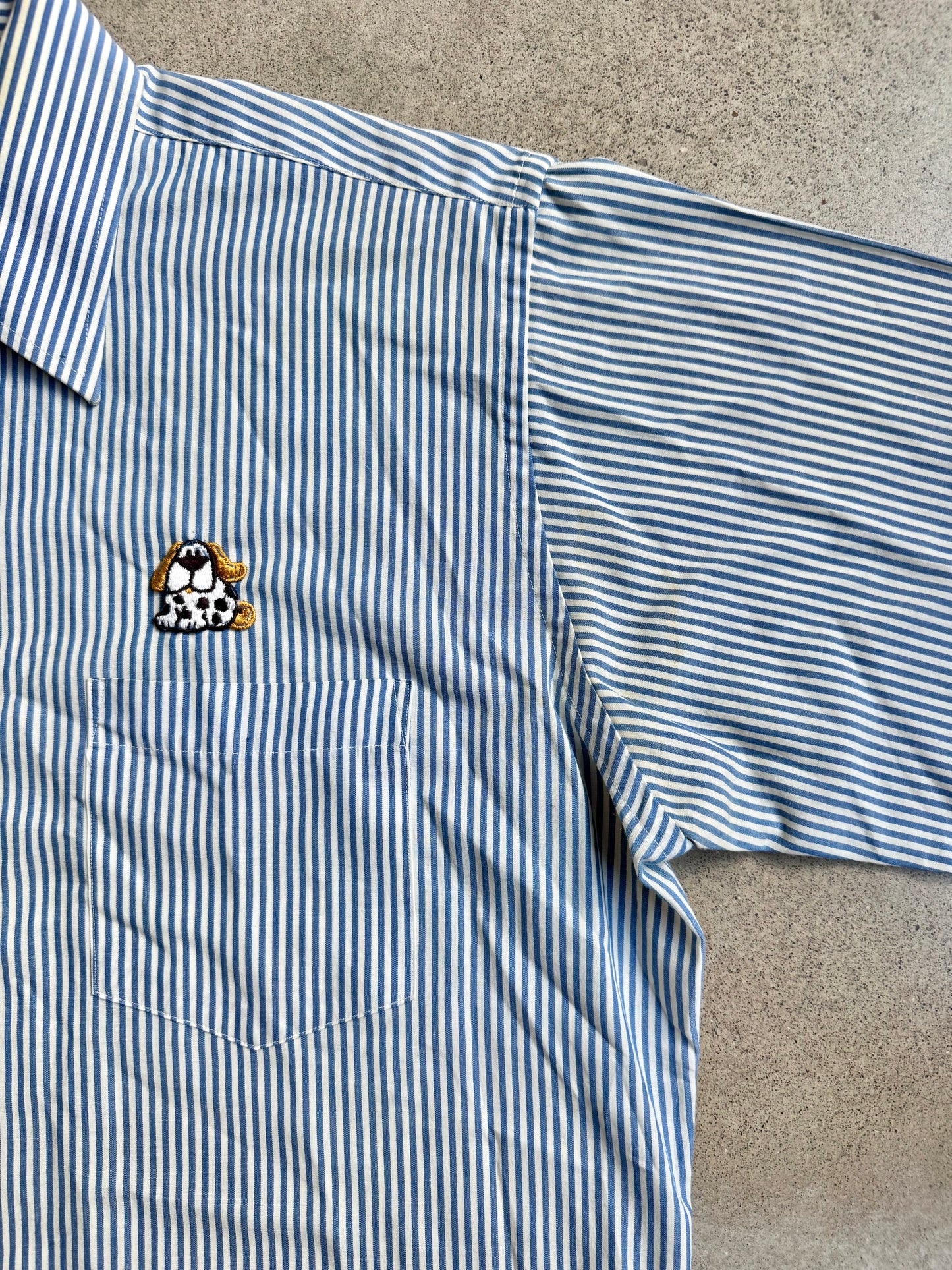 Vintage 1970s Blue & White Striped Dog Patch Button-Up Shirt | Large