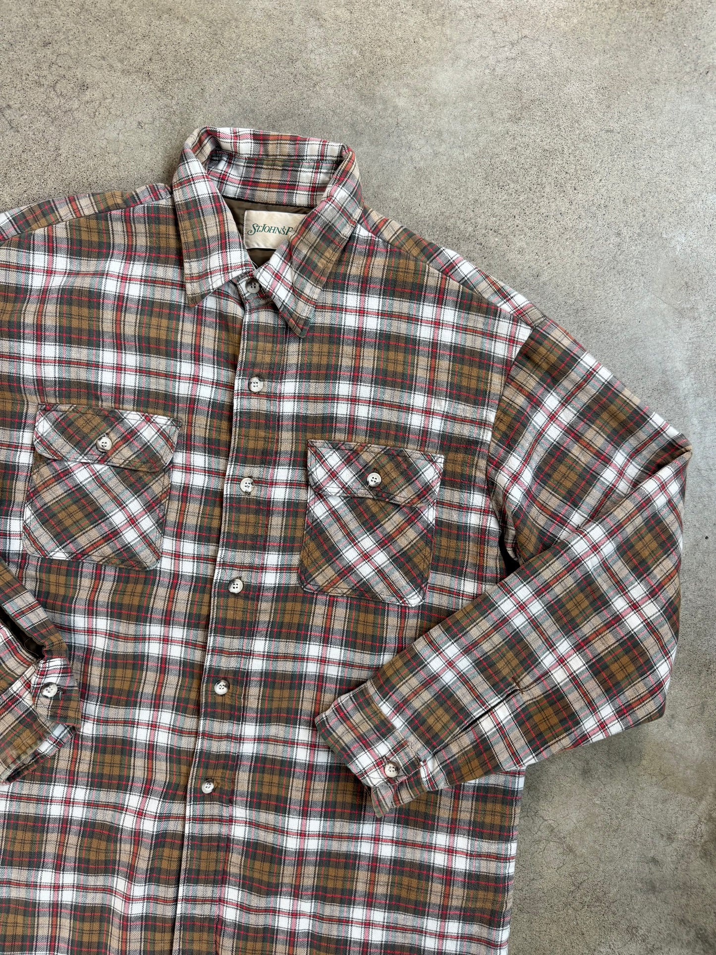 Vintage 1990s St. John’s Bay Brown & Red Plaid Quilt-Lined Cotton Shirt Jacket | XL