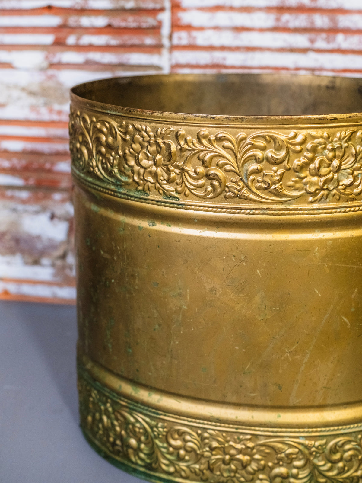 Vintage Embossed Floral Brass Cachepot Planter / Waste Basket