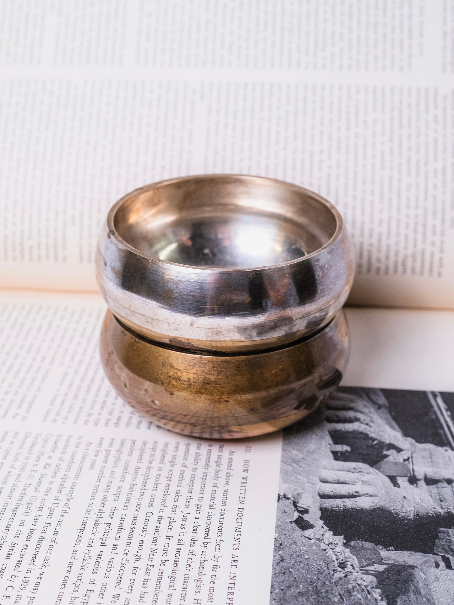 Vintage 1950s Tibetan Metal Inlay Singing Bowls | Set of 2