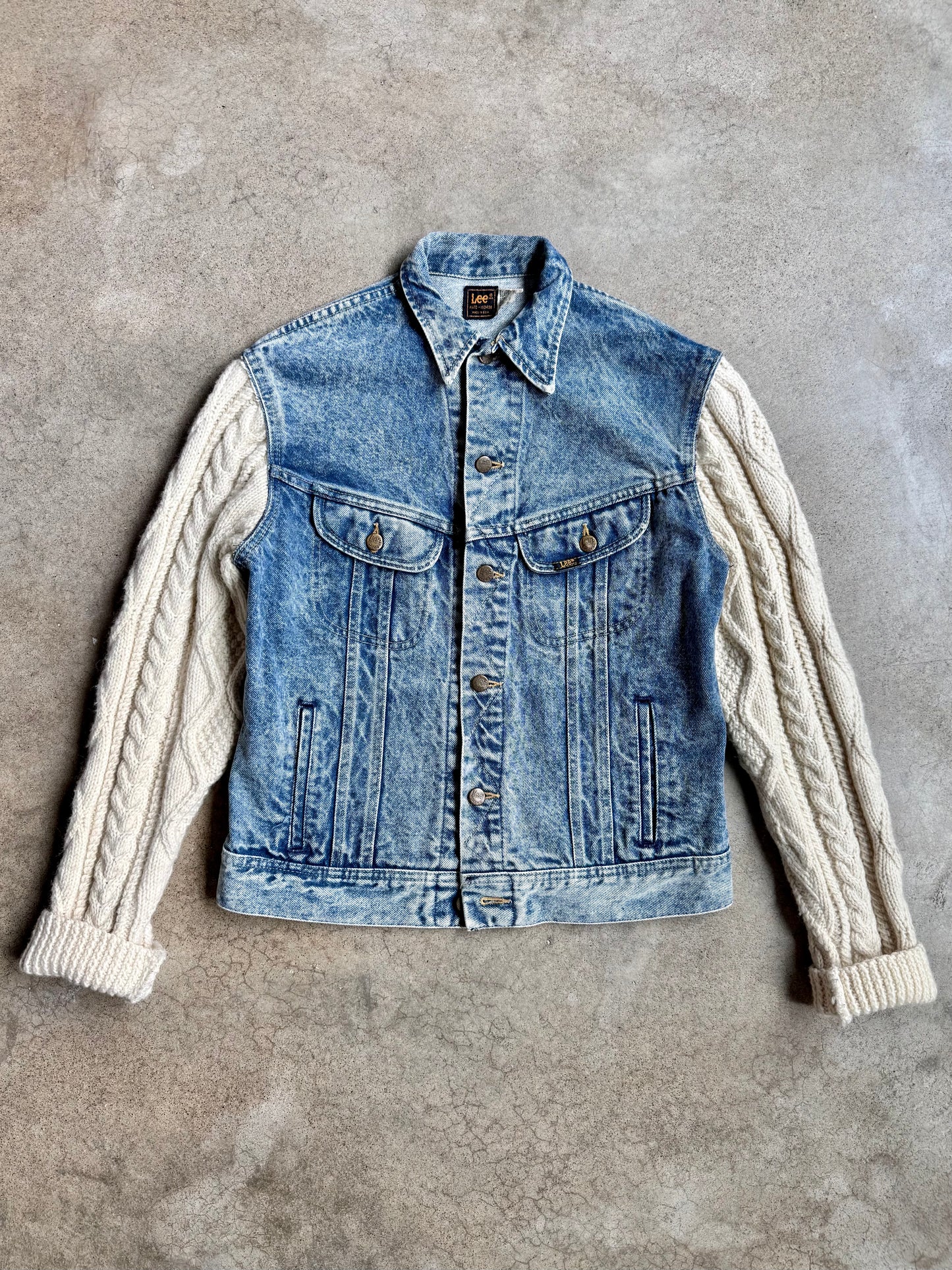 Vintage 1980s Lee Cable Knit Sleeve Denim Jacket | Medium