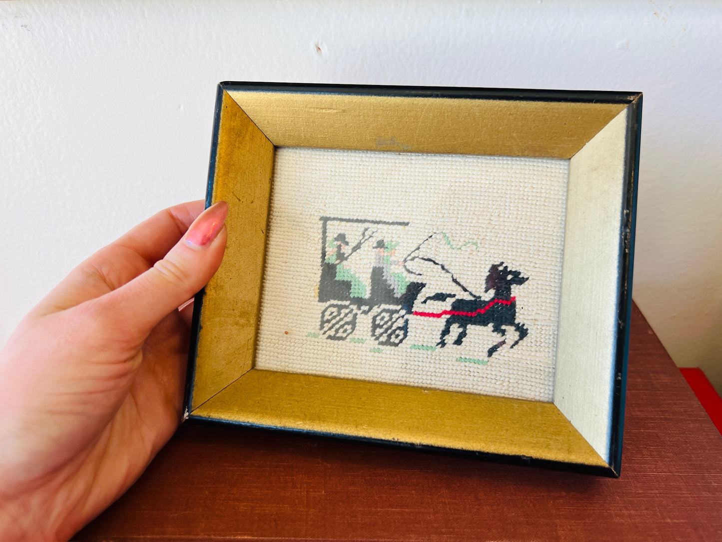 Vintage Cross Stitch Horse & Buggy Framed Art