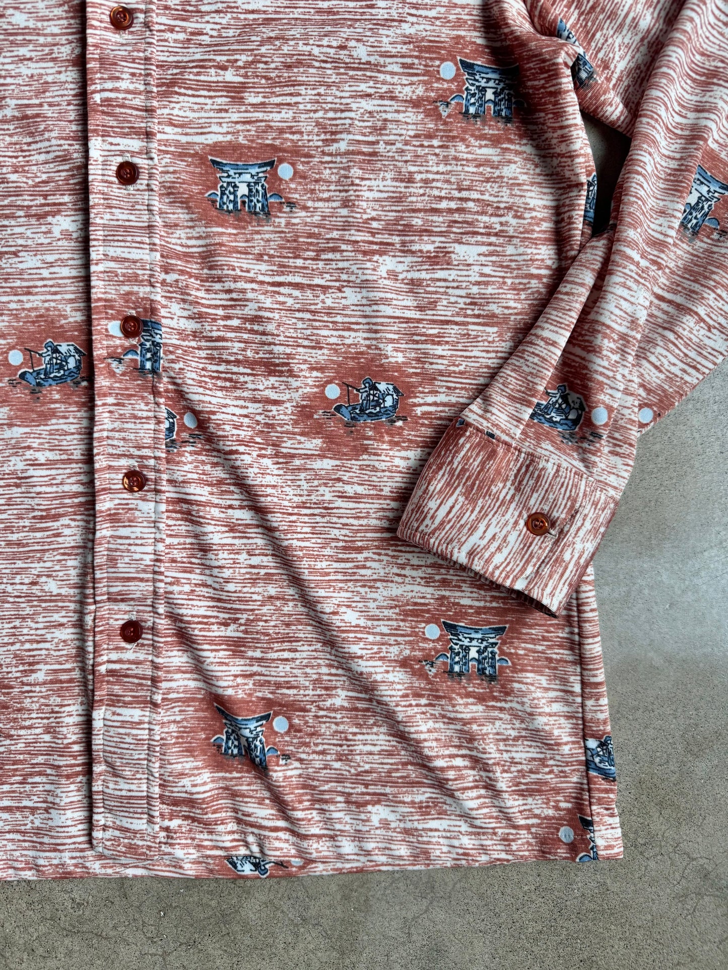 Vintage 1970s Kmart Japanese Torii Gate Printed Polyester Shirt | Large