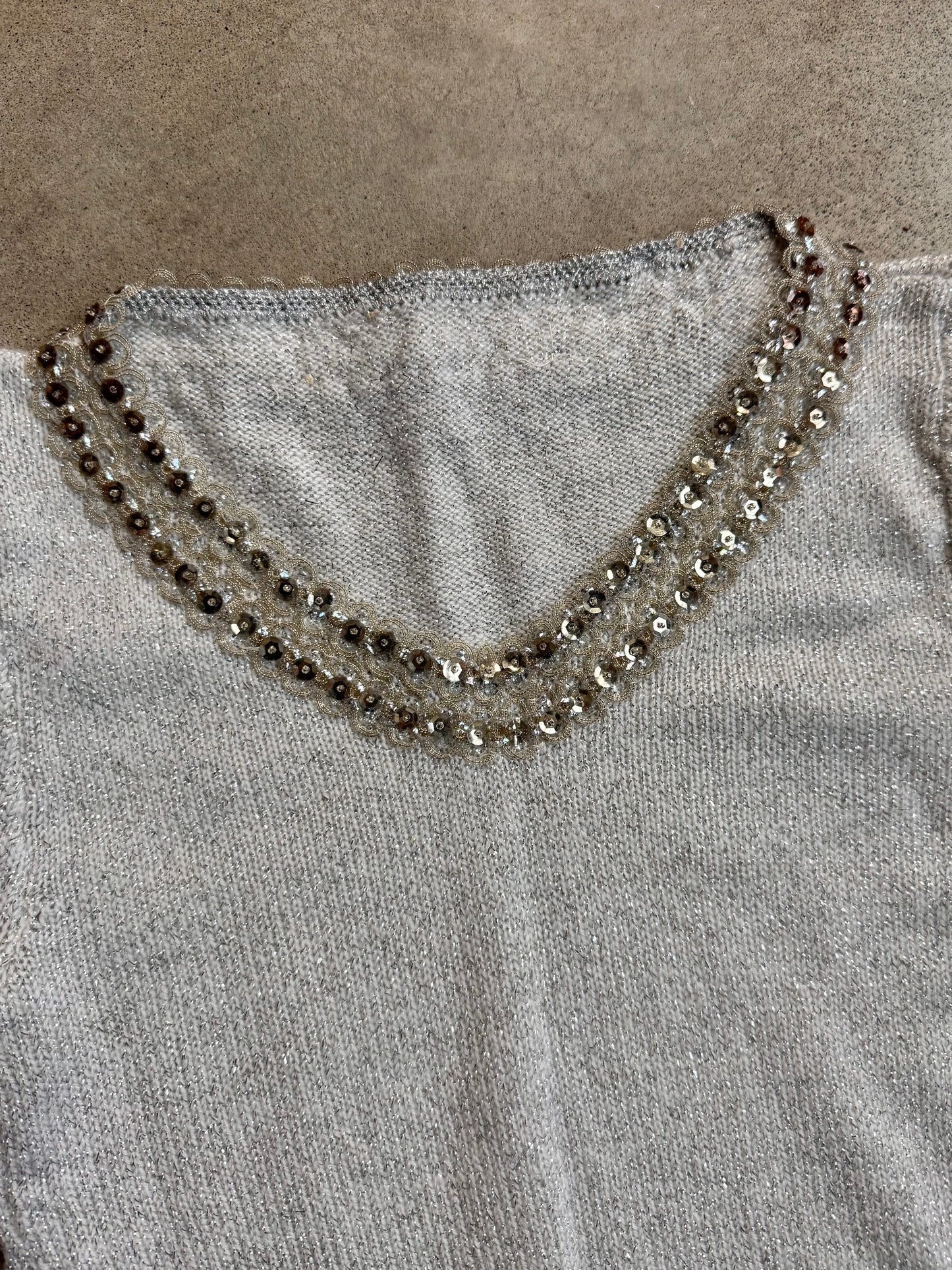 Vintage 1960s Silver Metallic Knit Ruffled Bell Sleeve Sweater | XS